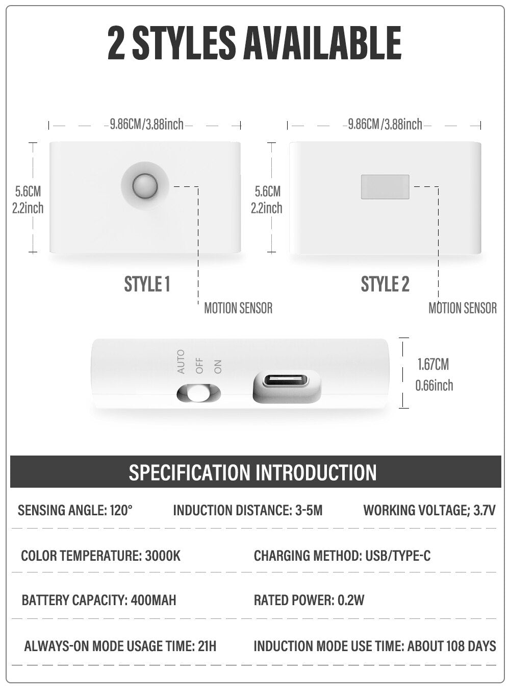 Arandela / Balizador [SEM FIO]  com sensor inteligente e carregamento USB.