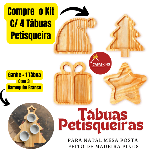 Kit Petisqueiras Natalinas de Madeira Pinus + Brindes Exclusivos - CASASKING